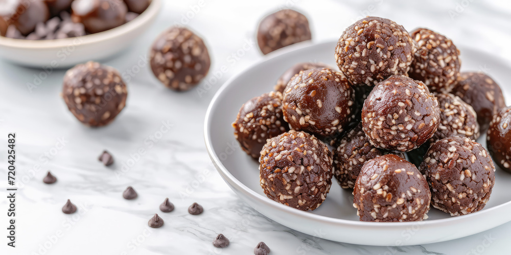 Dessert Bourbon Balls on marble Background, copy space. Delicious bourbon balls coated with confectioners' sugar. Dessert Bourbon Balls on marble Background, copy space. Delicious bourbon balls coated with confectioners' sugar.