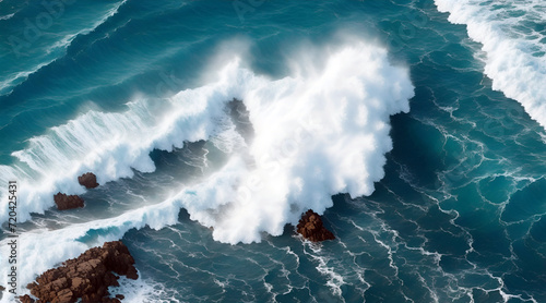 Aerial view of a large ocean wave breaking on the rocks.