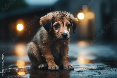 Cute little puppy sitting on the wet floor in the rain, Stray homeless dog, Sad abandoned hungry puppy sitting alone in the street under rain, AI Generated © Ifti Digital