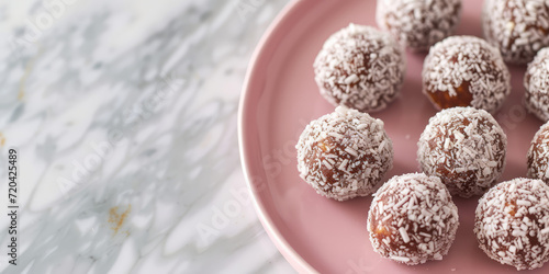 Dessert Bourbon Balls on pink Background, copy space. Delicious bourbon balls coated with confectioners' sugar. photo