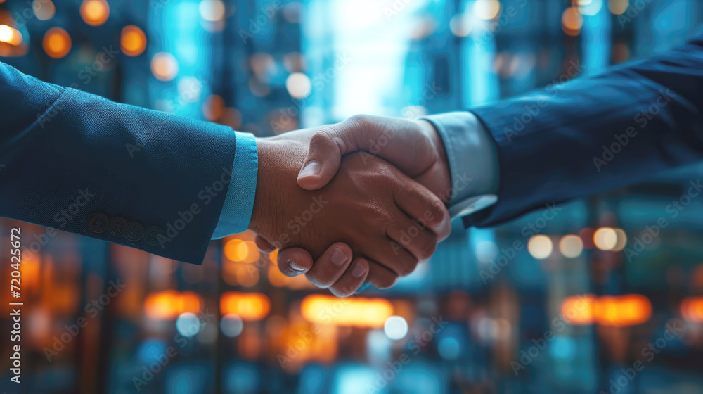Two professionals shake hands against the backdrop of a modern business center. Business, deal, conclusion of an agreement. Close-up, handshake. - obrazy, fototapety, plakaty 