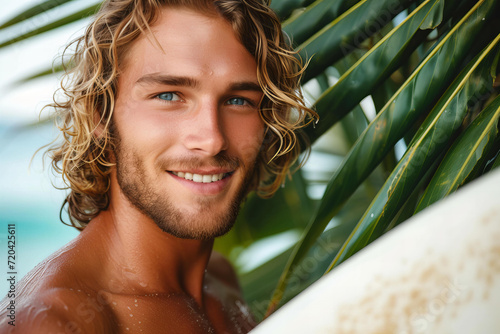 Photo of beautiful hot young surfer man with wet wavy golden, charming smile , piercing blue eyes, sensitive gaze, tanned skin . He is holding a serf board . Beach setting. Tropical leaves . Water spl photo