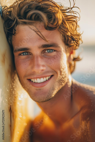Photo of beautiful hot young surfer man with wet wavy golden, charming smile , piercing blue eyes, sensitive gaze, tanned skin . He is holding a serf board . Beach setting. Tropical leaves . Water spl