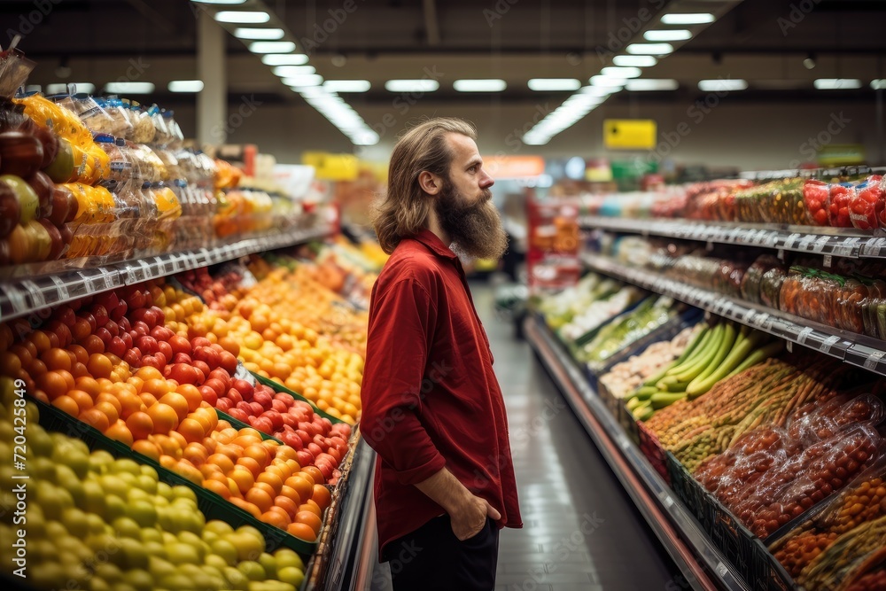 A man wearing a red shirt stands among the aisles of a busy grocery store, Man shopping for groceries in a supermarket grocery store, AI Generated