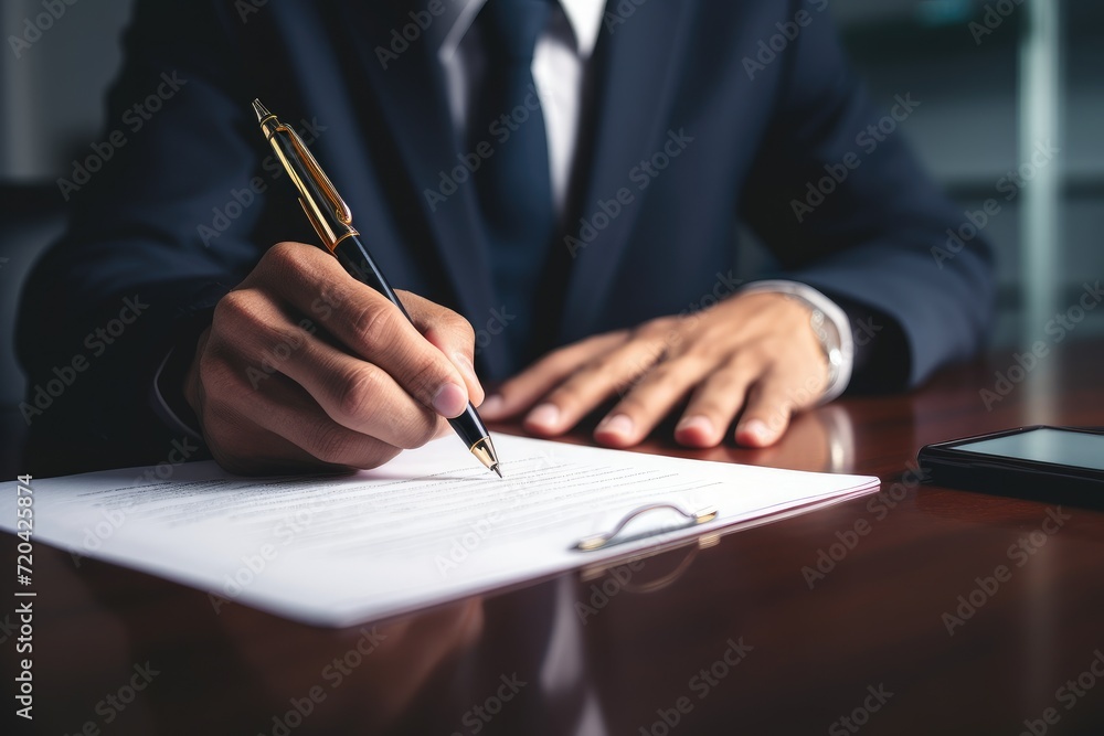 A professional man in a business suit focuses as he writes something down on a piece of paper with a pen, Man signing contract, AI Generated A professional man in a business suit focuses as he writes something down on a piece of paper with a pen, Man signing contract, AI Generated