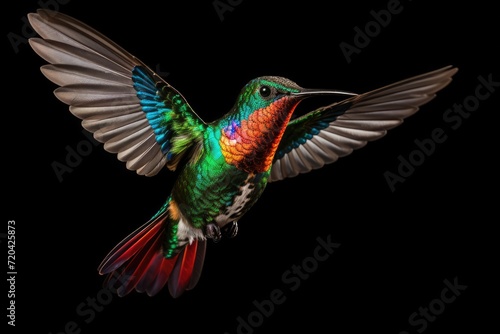A vibrant hummingbird gracefully soars through the air  showcasing its stunning colors  The shiny colored  fiery throated hummingbird Panterpe insignis is in flight  AI Generated