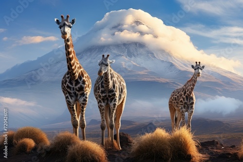 Three giraffes can be seen standing together in front of a majestic mountain, Three giraffe on Kilimanjaro mount background, AI Generated