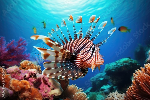 A lionfish swims gracefully over a vibrant and diverse coral reef teeming with life  Tropical lionfish swimming near coral reefs  Underwater life  AI Generated