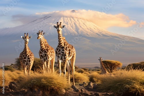 A group of majestic giraffes standing together in front of a towering mountain, showcasing the beauty of nature, Three giraffe on Kilimanjaro mount background, AI Generated