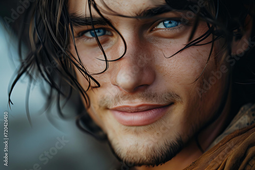 
male romantic fantasy character. Photo of beautiful hot young medieval prince man with dark hair, charming lips, piercing blue eyes. Selective focus, smooth background photo