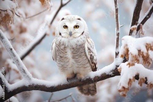 An owl gracefully perched on a snow-covered branch in the midst of a serene winter landscape, White winter owl perched on a tree branch in a winter snow landscape, AI Generated © Ifti Digital