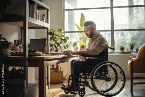 A man in a wheelchair is using a laptop for various tasks, such as work, communication, and entertainment., Middle-aged man in a wheelchair works from his home office, AI Generated