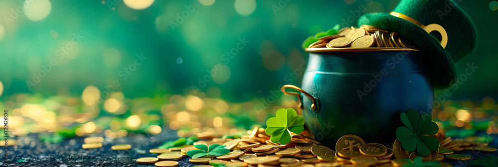 pot with golden coins in the middle of the shot. four leaf clover on the table , leprechauh hat blurred on the background with rainbow. selective focus, isolated on dark green background - obrazy, fototapety, plakaty 