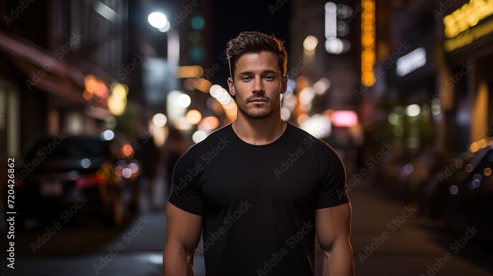 Young sporty fit man in black t-shirt upper body on evening street with light as t-shirt mockup advertising and promotion campaign