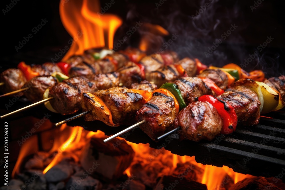 A delicious assortment of food skewered and cooking on a grill with charred marks., mixed grill meat on bbq skewers with the flames visible, AI Generated