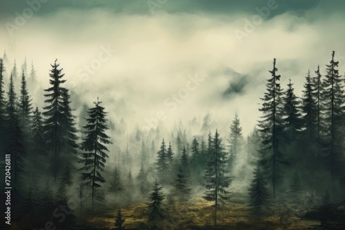 A captivating painting of a foggy forest with tall pine trees, creating a serene and mysterious atmosphere., Misty landscape with fir forest in vintage retro style, AI Generated