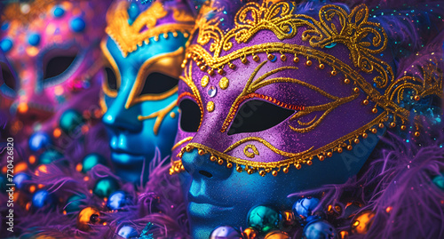  Mardi Gras Mask festival banner background, elegant Mardi grass mask on violet background, Venetian carnival mask, Mardi Gras background. Holiday of Mardi Gras masquerade, generative Ai