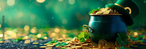 pot with golden coins in the middle of the shot. four leaf clover on the table , leprechauh hat blurred on the background with rainbow. selective focus, isolated on dark green background photo