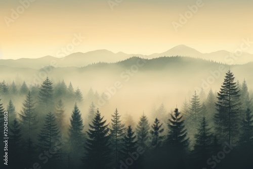 A captivating view of a foggy forest filled with an abundance of towering trees.  Misty landscape with fir forest in vintage retro style  AI Generated