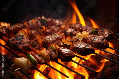 A mouth-watering close-up shot of delicious meat and vibrant vegetables grilling on a barbecue., mixed grill meat on bbq skewers with the flames visible, AI Generated