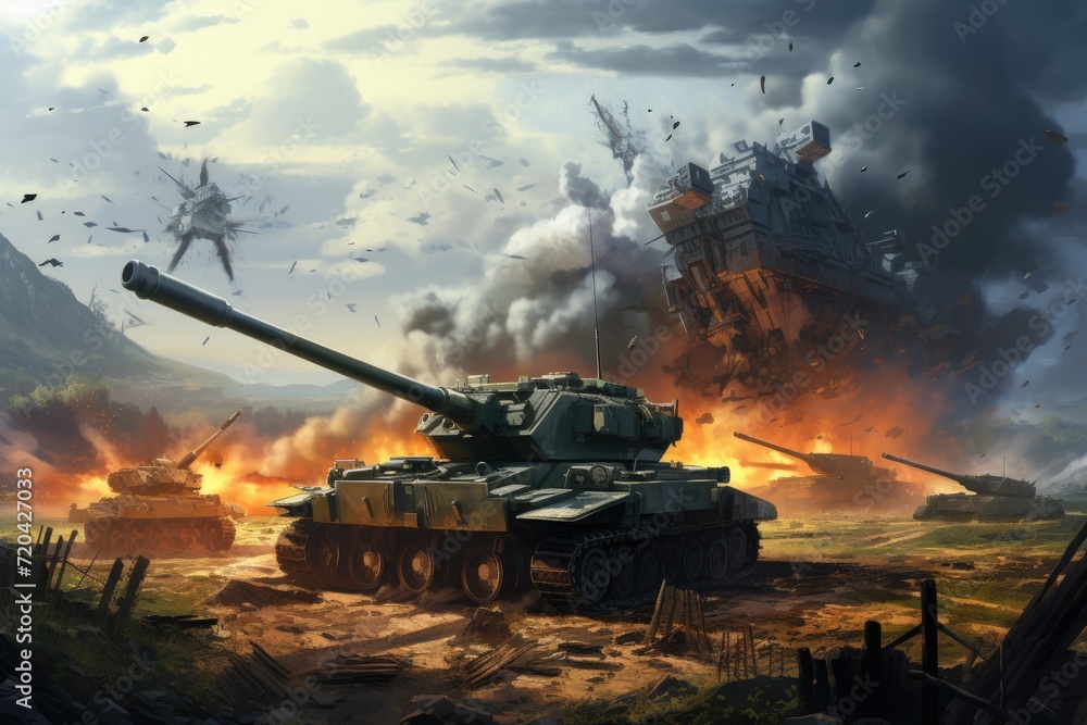Obraz premium A group of tanks piled together, partially covered in dirt and soil., Modern artillery and anti-aircraft guns on a battlefield, AI Generated
