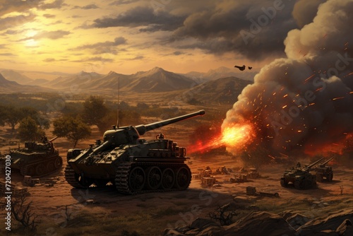 A collection of military tanks gathered in the middle of a vast and arid desert landscape., Modern artillery and anti-aircraft guns on a battlefield, AI Generated