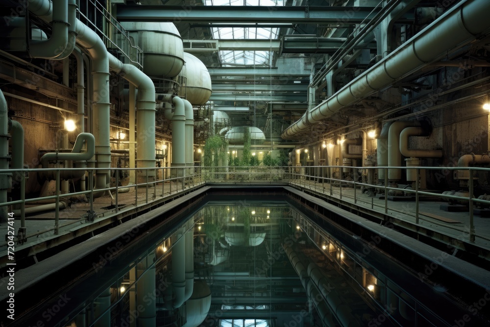 Naklejka premium An image of a sprawling industrial building featuring a sizable pool of water in its vicinity., Modern urban waste water treatment plant, AI Generated