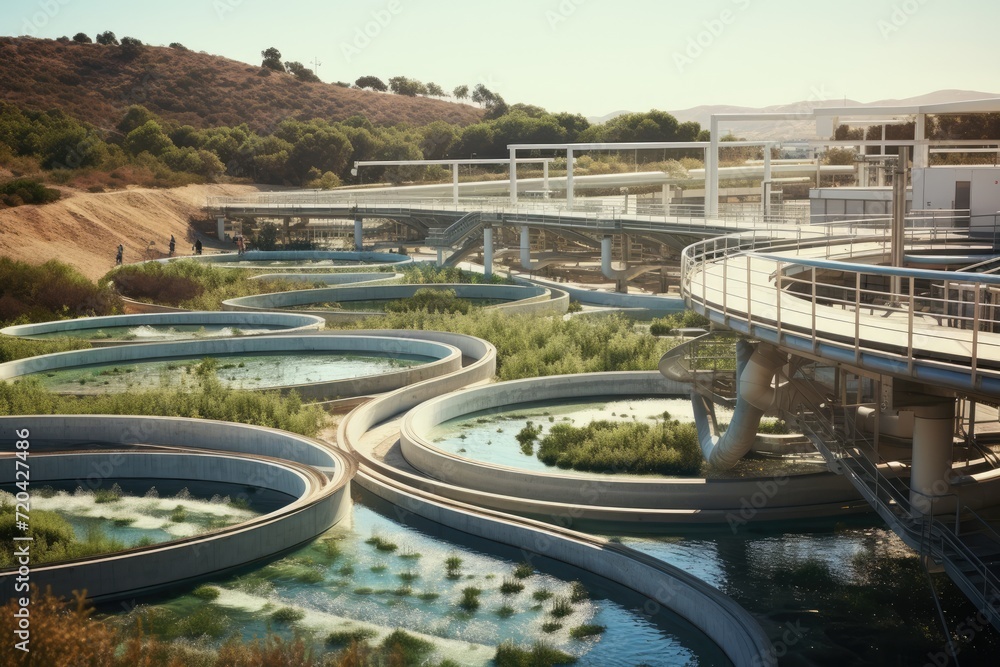 Fototapeta premium A water treatment facility filled with a large volume of water, ready for the purification process., Modern urban waste water treatment plant, AI Generated