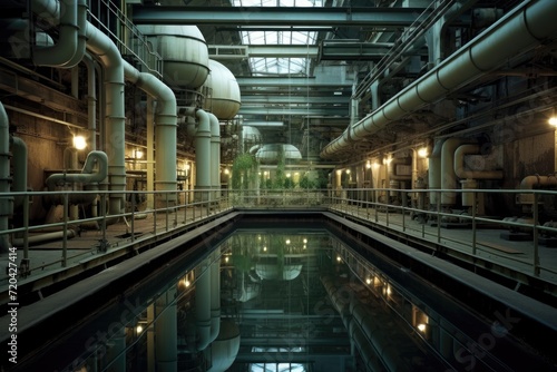 An image of a sprawling industrial building featuring a sizable pool of water in its vicinity., Modern urban waste water treatment plant, AI Generated