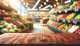 empty wooden table with blur beautiful grocery store background