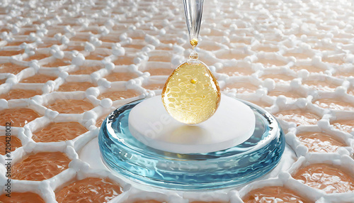 Cosmetic serum Oil drop on skin cell, Skin Repair, moisturizer, collagen serum, Exosome with Skin cells, 3d rendering.