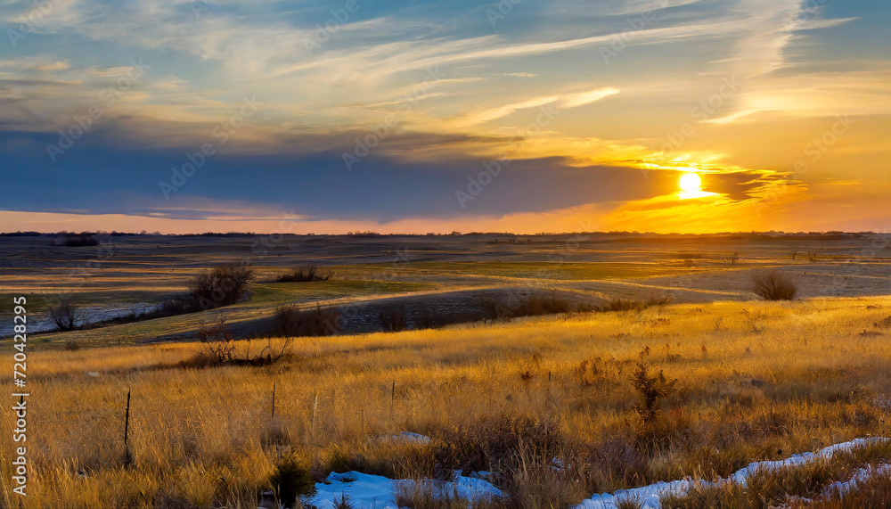 Golden Sunset Over Serene Prairie Landscape