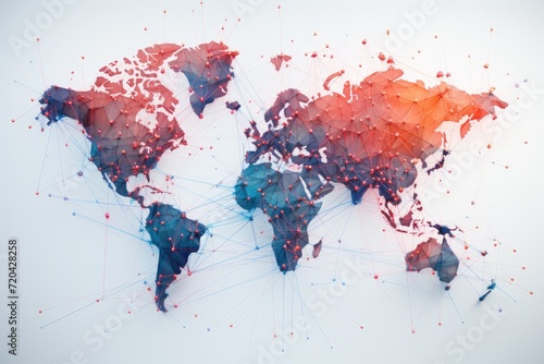 A detailed map of the world covered with a multitude of dots representing various locations, World communications network map, AI Generated photo