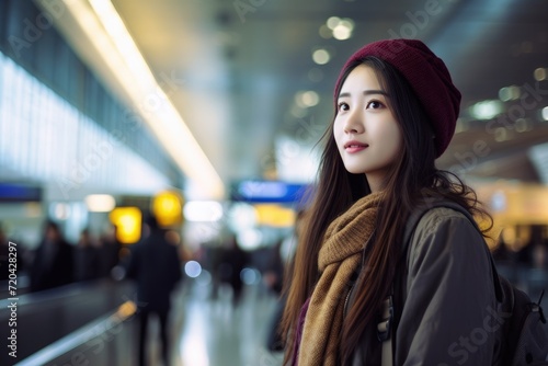 A woman with long hair is seen outdoors wearing a red hat and scarf, Young asian woman in international airport, AI Generated © Ifti Digital