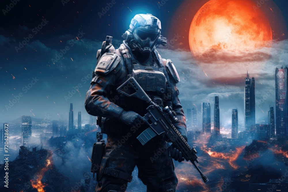 Spaceman in gas mask with assault rifle on the background of the night city, Sci-fi soldier with a gun, A futuristic soldier standing on city ruins against the backdrop of a glowing, AI Generated