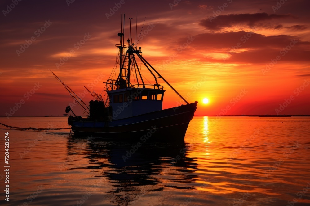 Fishing boat in the sea at sunset, fishing boat at sunset, Silhouette of a deep-sea fishing boat during sunset, AI Generated