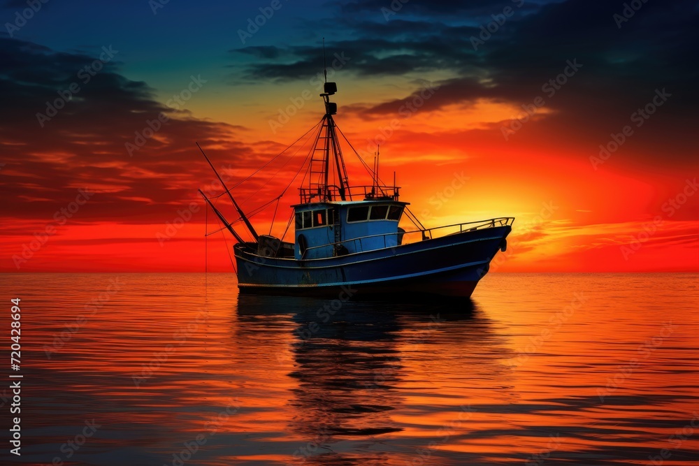 Fishing boat in the sea at sunset. Beautiful natural background, Silhouette of a deep-sea fishing boat during sunset, AI Generated