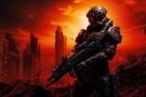 Spaceman with assault rifle on the background of the city, Sci-fi soldier with a gun, A futuristic soldier standing on city ruins against the backdrop of a glowing planet, AI Generated