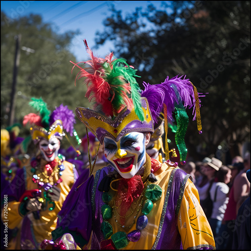 mardi gras carnival, mardi gras scene with masked revelers dancing amid floating confetti and vibrant feathers in the streets, mardi gras dance, generative ai, 