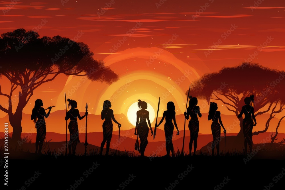 Silhouette of family in the savanna at sunset, vector illustration, Silhouettes of Africans at sunset, with female tribe members in a desert landscape, AI Generated Silhouette of family in the savanna at sunset, vector illustration, Silhouettes of Africans at sunset, with female tribe members in a desert landscape, AI Generated