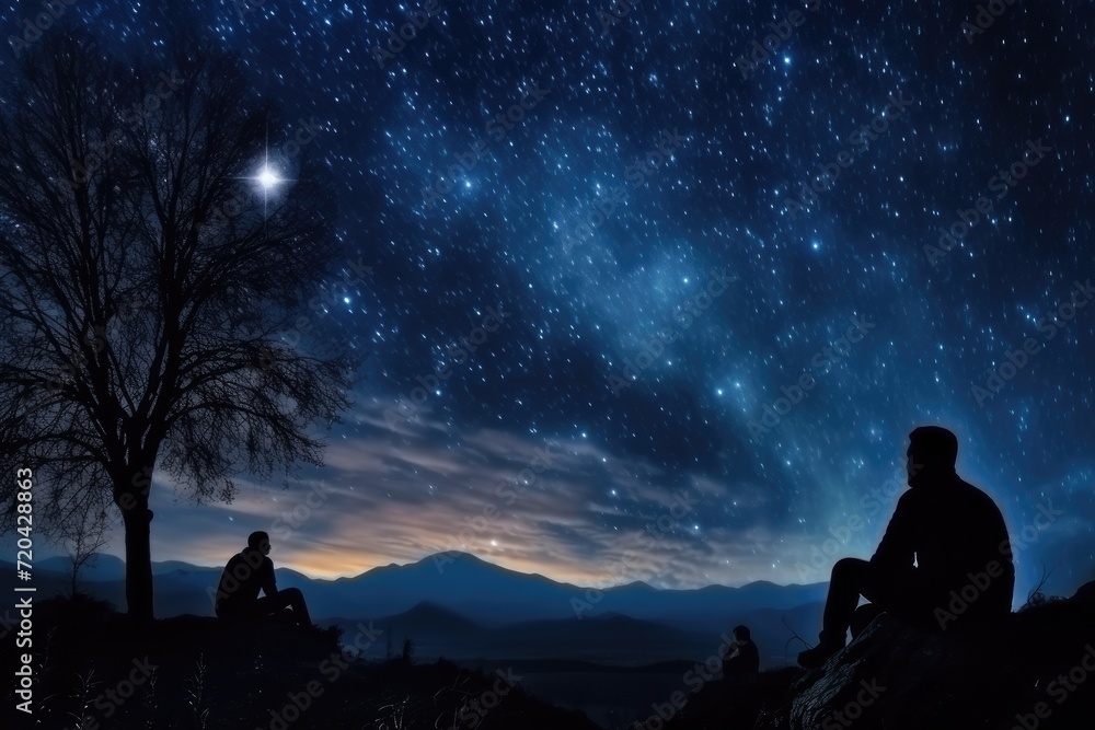 Man and woman sitting on top of a mountain and watching the starry sky, Silhouettes of people observing stars in the night sky, Astronomy concept, AI Generated