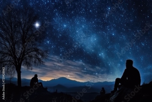 Man and woman sitting on top of a mountain and watching the starry sky, Silhouettes of people observing stars in the night sky, Astronomy concept, AI Generated