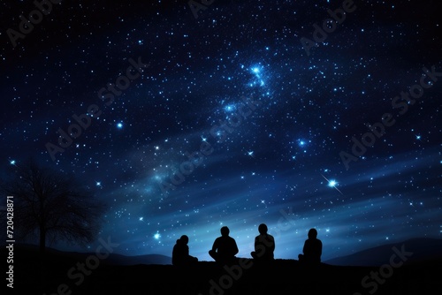 Silhouettes of people sitting in front of the starry sky, Silhouettes of people observing stars in the night sky, Astronomy concept, AI Generated
