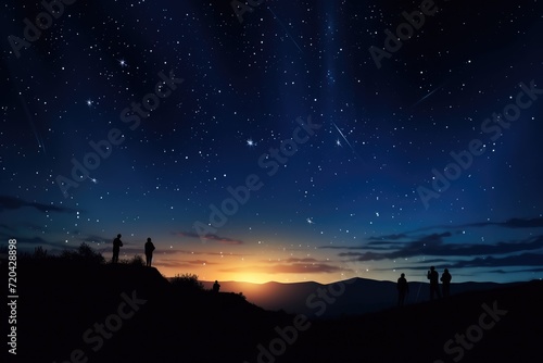 Silhouettes of people in the mountains against the background of the starry sky, Silhouettes of people observing stars in the night sky, Astronomy concept, AI Generated