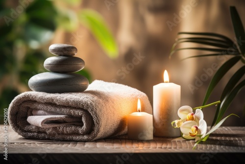Spa still life with zen stones and candles on wooden background, Spa concept - Massage stones with towels and candles in a natural background, AI Generated