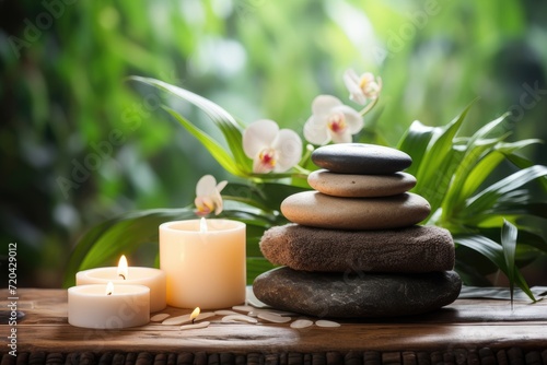 Spa still life with candles, zen stones and towels on wooden background, Spa concept - Massage stones with towels and candles in a natural background, AI Generated