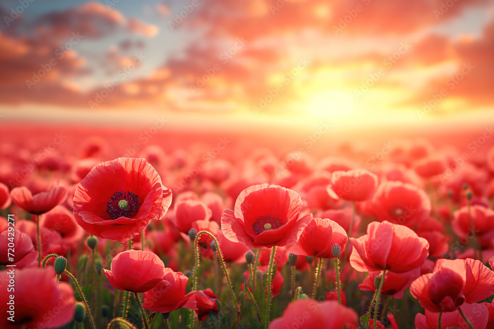 Naklejka premium Poppy red flower field and sky in the spring meadow poppies landscape