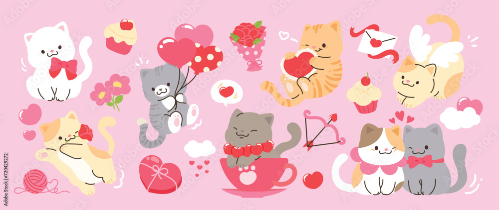Cute cats in valentine day lovely pet vector. Collection of cats with little heart, flower, balloon. Adorable animal characters for clipart, decoration, prints, cover, greeting card, sticker, banner. Cute cats in valentine day lovely pet vector. Collection of cats with little heart, flower, balloon. Adorable animal characters for clipart, decoration, prints, cover, greeting card, sticker, banner.
