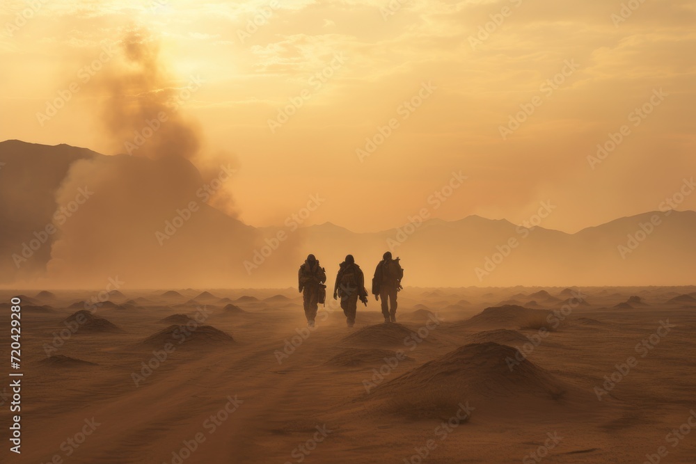 Silhouettes of soldiers in the desert at sunset time. Africa, Special military soldiers walking in a smoky desert, AI Generated