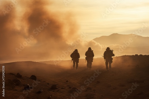 Group of soldiers walking in the desert. 3D Rendering, Special military soldiers walking in a smoky desert, AI Generated